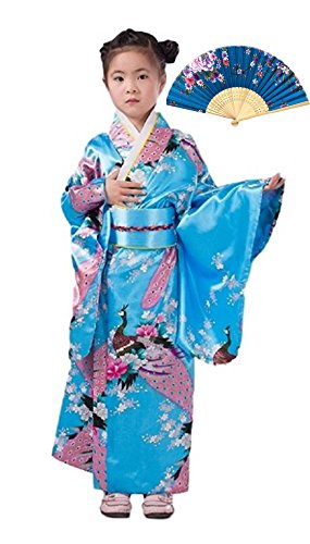 CRB Girls Kimono Japanese Top Robe Sash Belt Fan Set (Height 150cm, Aqua)