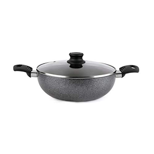 Cello Non Stick Hammered Tone Kadhai with Glass Lid 2.5 LTR, Black & Grey, Aluminium