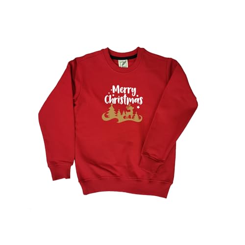 Chombooka Full Sleeves Warm Sweatshirt | 100% Cotton Fleece | Kids Winter Wear | Merry Christmas Forest | for Boys and Girls Red