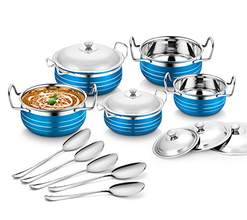 Classic Essentials Stainless Steel Handi Set with Lid | Cooking and Serving Handi Set of 5 Pieces | Biryani Handi Set | Handi Set for Kitchen | Blue