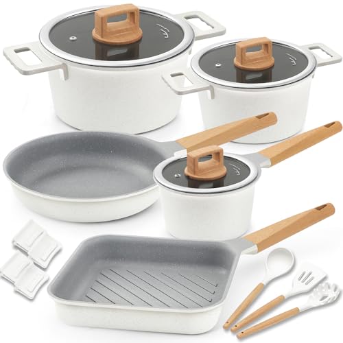 Cookware Set Non-Stick Scratch Resistant 100% PFOA Free Induction Aluminum Pots and Pans Set with Cooking Utensil Pack -15 - Grey&White