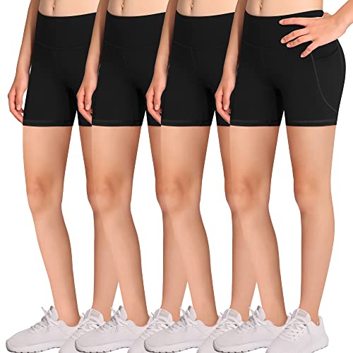 DALIGIRL Volleyball Bike Shorts for Girls - 4 Packs Spandex Compression Shorts with Pockets for Kids Dance Yoga and Athletics, Black/Black/Black/Black, Large