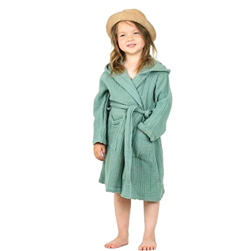 D&D Collection, Kids Muslin Bathrobe, Organic Cotton Hooded Bath Towel, 4 Layers Premium Soft Muslin, for Girls Boys, Khaki Green, 4T