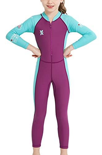 DIVE & SAIL Girls Sunsuit One Piece Full Suit Swimsuit Rash Guard Soft Sun Protective Long Sleeve Bodysuit Swimwear Purple XXL