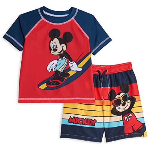 Disney Mickey Mouse Toddler Boys Raglan 2 Piece Rash Guard Swim Trunks Set Red/Navy 2T