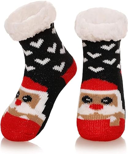 El Regalo 1 Pair Thermal Fluffy Socks for Kids- Girls/Boys - Soft Warm Fleece Lining Knitting Non-Slip Winter Slipper Socks - Christmas Santa, Heart & Giraffe (Red Santa Socks, 1-3 Years)