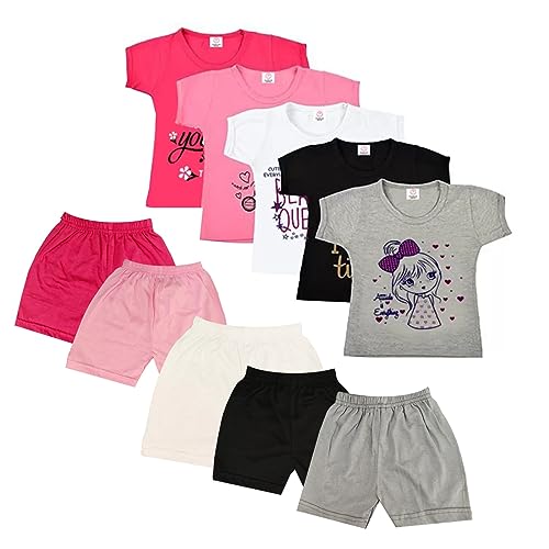 GOODLUCK BANIYAN Girl's Cotton T-Shirt & Pant|Regular Half Hand Sleeves|Printed Baby Girl Upper Lower Wear|Girl Child Cuddle T Shirts & Half Hand Pant | Kids Girl Casual Dress Comb of of 5