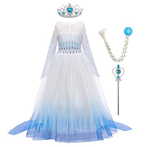 Girls Princess Elsa Costumes Carnival Dress Kids Cosplay Halloween Christmas Party Fancy Ice Snow Queen Anna Dress Up Costume Birthday Theme Party Long Maxi Ball Gown Age 2-14 Years, White+Blue-Long Sleeve, 11-12 Years