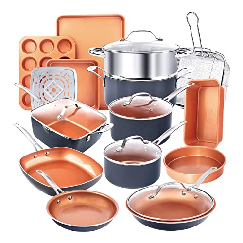 Gotham Steel 20 Piece Pots & Pans Set Complete Kitchen Cookware + Bakeware Set | Nonstick Ceramic Copper Coating – Frying Pans, Skillets, Stock Pots, Deep Square Fry Basket Cookie Sheet & Baking Pans