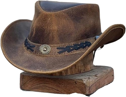 HADZAM Shapeable Western Style Outback Leather Cowboy hat for Men Wide Brim (Large)