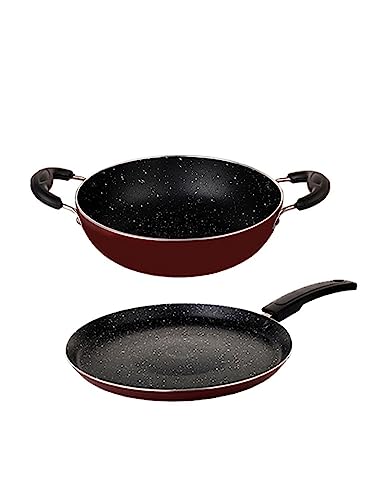 HOMETALES Non Stick Cookware Set of 2 (23cm Kadai - 2200ml / 25cm Flat Tawa), Induction Base, Thickness - 2.5mm Thickness