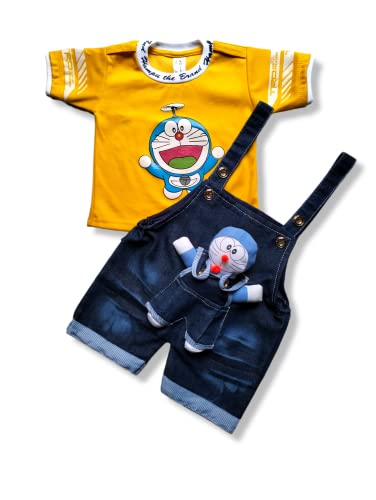 HUMPU kids Half Sleeve Denim Dungaree Dress Set with T-shirt for Baby Boys & Baby Girls