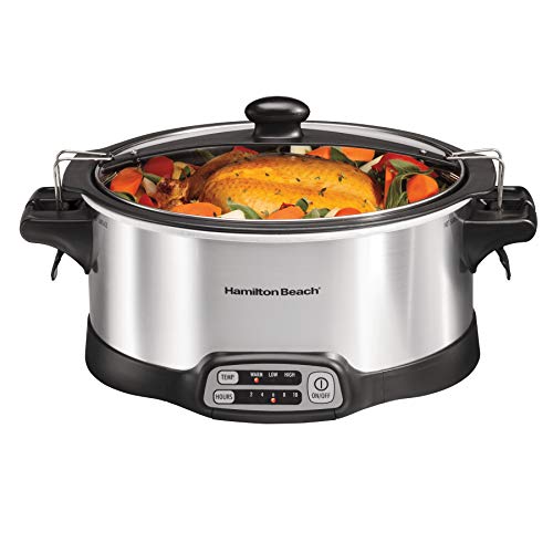 Hamilton Beach, Stay or Go Programmable Slow Cooker, Portable Stovetop Sear & Cook, 6 Quart, Lid Lock, Silver (33663)