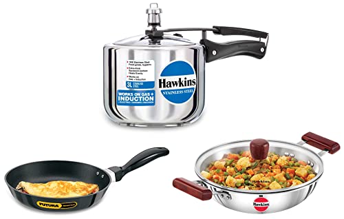 Hawkins 3 Litre Pressure Cooker, Silver (B33) & Hawkins 3.25 mm Frying Pan (1 litre, 22 cm, Black)&Hawkins Fry Pan with Glass Lid, Capacity 2.5 Litre, Diameter 26 cm, Thickness 3 mm, Silver (SSD25G)