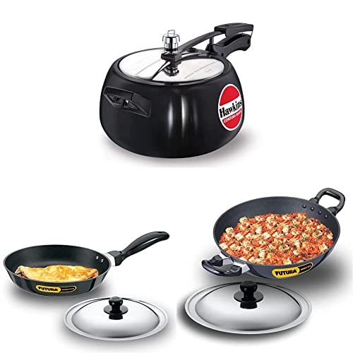 Hawkins Aluminium Contura Black Pressure Cooker, 5 Litre, Black & Futura Deep-Fry Pan,Black & Futura Frying Pan, Capacity 1 Litre, Diameter 22 Cm, Thickness 3.25 Mm, Black (Nf22S), 5 Liter