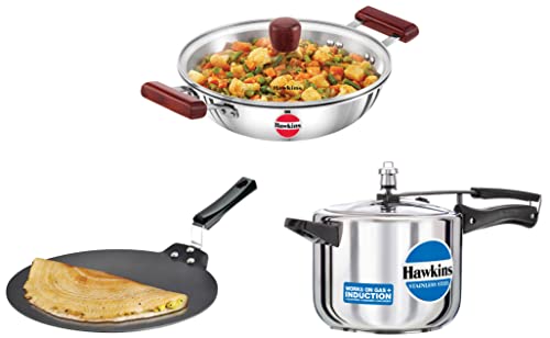 Hawkins Aluminium Futura Dosa Tava, Diameter 30 cm, Thickness 4.88 mm (Black) & Pressure Cooker, 5 Litre, Silver & Deep-Fry Pan, Capacity 2.5 Litre, Diameter 26 cm, Thickness 3 mm, Silver (SSD25G)