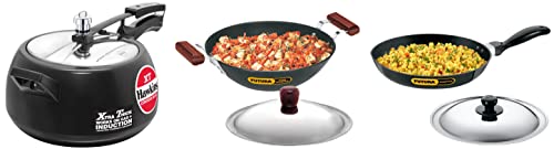 Hawkins Contura Black XT Pressure Cooker, 5 Litre, Black &Hawkins Frying Pan with Lid, 1.5 Litre, 26 cm, 3.25 mm, Black &Hawkins Fry Pan with Lid, Capacity 3.75 Litre, 30 cm, 4.06 mm, Black