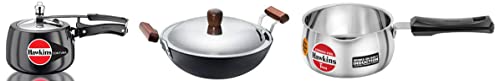 Hawkins Contura Hard Anodised Aluminium Pressure Cooker, 3 Litres, Black & Tpan Capacity 1 Litre, Thickness 4.7 Mm, Silver & Futura Hard Anodised Deep-Fry Pan/Kadhai (Round Bottom), Black, 3 Liter