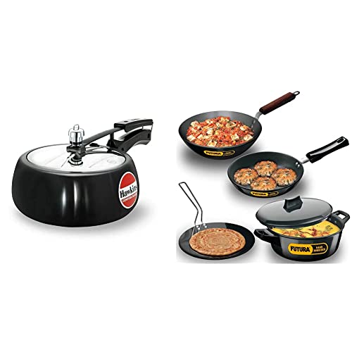 Hawkins Contura Hard Anodised Aluminium Pressure Cooker, 3.5 Litres, Black & Hawkins Futura Hard Anodised Cookware Set, 4 Pieces (Ls1)