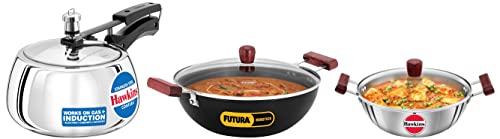 Hawkins Contura Induction Compatible Pressure Cooker, 3ltr &Hawkins Futura 5ltr Deep Kadhai with Lid, Nonstick Kadhai &Hawkins Tri-Ply Induction Compatible Deep Kadhai with Lid, 4ltr