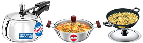 Hawkins Contura Induction Compatible Pressure Cooker, 3ltr &Hawkins Tri-Ply Induction Compatible Deep Kadhai with Lid, 4ltr&Hawkins Futura Nonstick Deep-Fry Pan with Lid, 4ltr, 30 cm, 3.25 mm