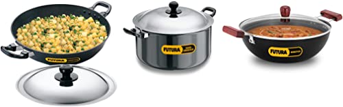 Hawkins Cook-N-Serve Stewpot with Lid, 8.5 Litre, 28 Cm, 4.06 Mm, Black 5 Litre Deep Kadhai with Glass Lid, Black (Ink50G) Fry Pan with Lid, 4 Litre, 30 Cm, 3.25 Mm, Black (Nk40S)