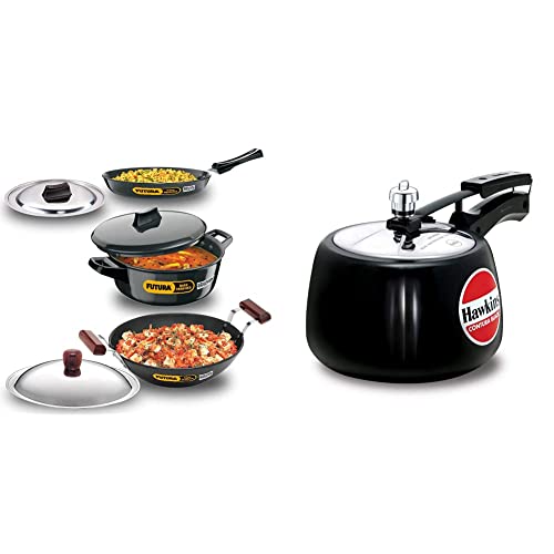Hawkins Futura Hard Anodised Induction Compatible Set, 3-Pieces and Contura Hard Anodised Aluminium Pressure Cooker, 3 litres, Black