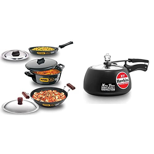 Hawkins Futura Hard Anodised Induction Compatible Set, 3-Pieces and Pressure Cooker Contura Hard Anodized Extra Thick Base for Induction, 3L (Black)