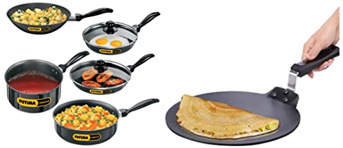 Hawkins Futura Non Stick Dosa Tawa, 33cm, Black & Futura Non-Stick Cookware, 7-Pieces, Black Combo
