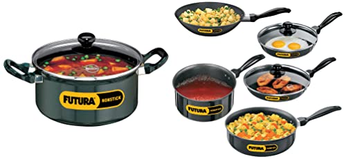 Hawkins Futura Nonstick Cook-N-Serve Stewpot with Glass Lid,Capacity 3 Litre,Diameter 20 Cm,Thickness 3.25 Mm,Black&Futura Nonstick Cookware Set 4(Two Frying Pans,Deep-Fry Pan,Saucepan) Black,3 Liter