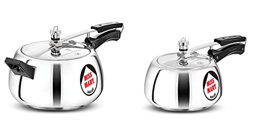 Hawkins Miss Mary Aluminium Inner Lid Handi Pressure Cooker, 3 Litre And 5 Litre, Combo Set, Silver, 3 Liter