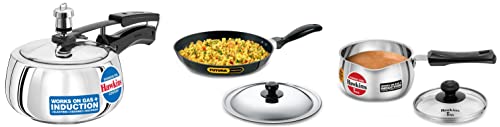 Hawkins Pressure Cooker, 1.5 L, Silver (SSC15)&Hawkins TPan (Saucepan) with Glass Lid, 1 Litre, 0.9 mm, Silver (SST10G)&Hawkins Frying Pan with Lid, Capacity 1.5 L, 26 cm, 3.25 mm, Black (INF26S)