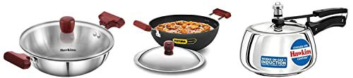 Hawkins Pressure Cooker, 3 Litre, Silver & Hawkins Futura INK35S Aluminium Induction Flat Bottom Kadhai (3.5 L, Black) & Deep-Fry Pan, Capacity 1.5 Litre, Diameter 22 cm, Thickness 3 mm, Silver