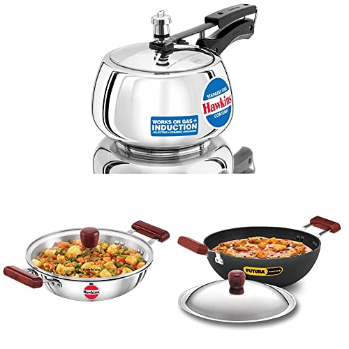 Hawkins Pressure Cooker, 3 Litre, Silver & Hawkins Tri-Ply Deep-Fry Pan,Silver & Hawkins Futura Ink35S Aluminium Induction Flat Bottom Kadhai (3.5 L, Black), 3.5 Liter