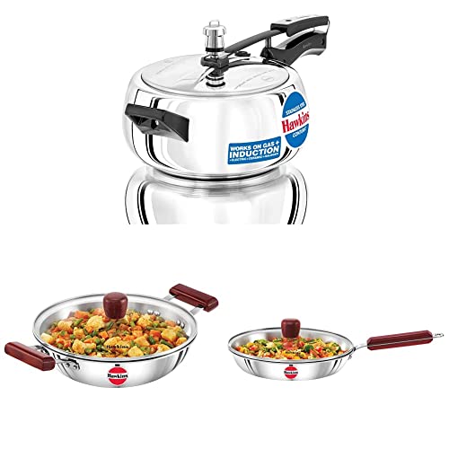 Hawkins Pressure Cooker, 3.5 Litre, Silver (SSC35)&Hawkins Fry Pan with Glass Lid, 2.5 Litre, 26 cm, 3 mm, Silver (SSD25G)&Hawkins Frying Pan with Glass Lid, 26 cm, 3 mm, Silver (SSF26G)