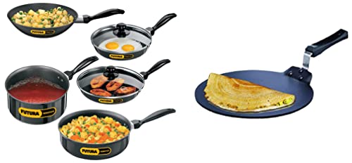 Hawkins Q28 Aluminium Futura Non-Stick Dosa Tava, 28 cm and Futura Non-Stick Cookware, 7-Pieces (Black)