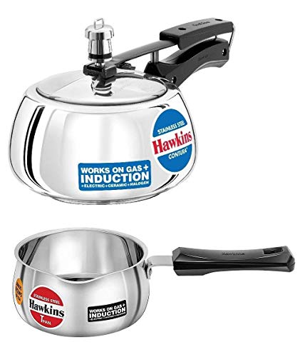 Hawkins Stainless Steel Contura Pressure Cooker, 2 L And Tpan/Sauce Pan 1 L (Silver) -Set Of 2, 1 Liter