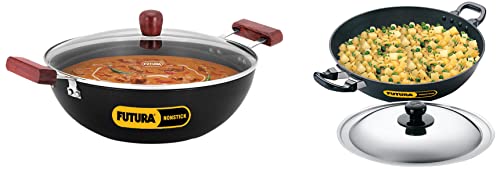 Hawkins Stainless Steel Futura 5 Litre Deep Kadhai with Glass Lid,Black(Ink50G) Contura Black Xt Pressure Cooker,3 Litre,Black(Cxt30) Fry Pan with Lid,4 Litre,30 Cm,3.25 Mm,Black(Nk40S),5 Liter