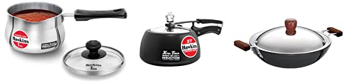 Hawkins Stainless Steel Tpan Capacity 1.5 Litre,Thickness 4.7 Mm,Silver&Contura Black Xt Induction Compatible Pressure Cooker,5 Litre,Black&Compatible Deep-Fry Pan(Flat Bottom),Black,5 Liter