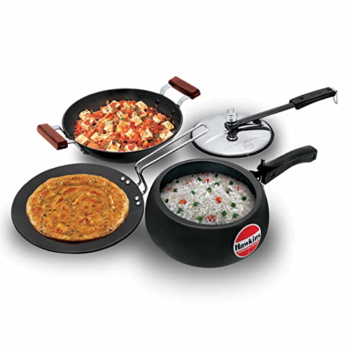 Hawkins Triniti Kitchen Set (Tava, Deep-Fry Pan, Inner Lid Pressure Cooker), Black (PCWSET1), Hard Anodised Aluminium