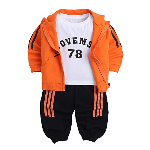 Hopscotch Baby Boys Cotton Text Print T-shirt, Jacket and Jogger Set in Orange Color For Ages 12-18 Months (YF0-3316192)