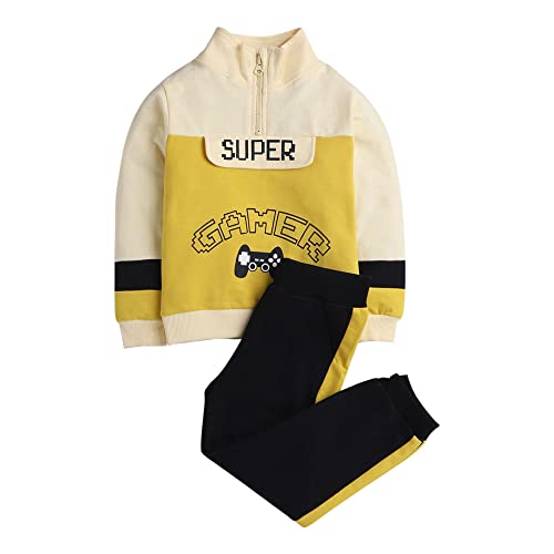 Hopscotch Baby Boys Cotton Typography Print Sweatshirt And Pant Set In Yellow Color For Ages 12-18 Months (MDX-3113003)