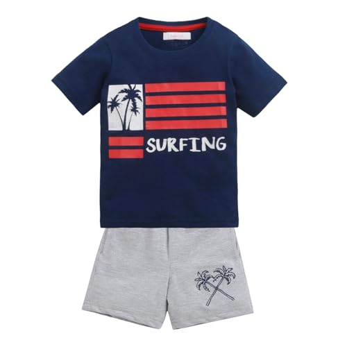 Hopscotch Boys Cotton Graphic Print T-Shirt And Short Set in Navy Color