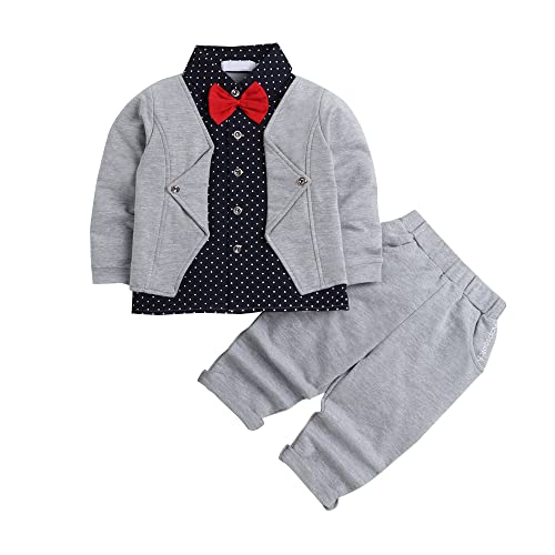 Hopscotch Boys Gray Polka Dot Print Shirt And Pant Set With Bow