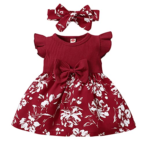 Hopscotch Girls Polycotton Floral Print Casual Dress with Headband in Red Color