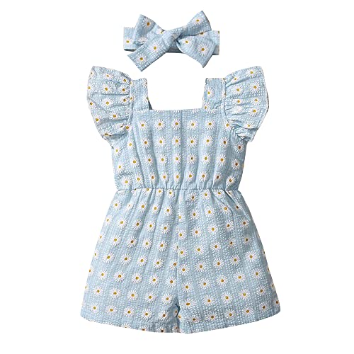 Hopscotch Girls Polyester And Staple Fiber Floral Embroidered Playsuit With Headband in Blue Color