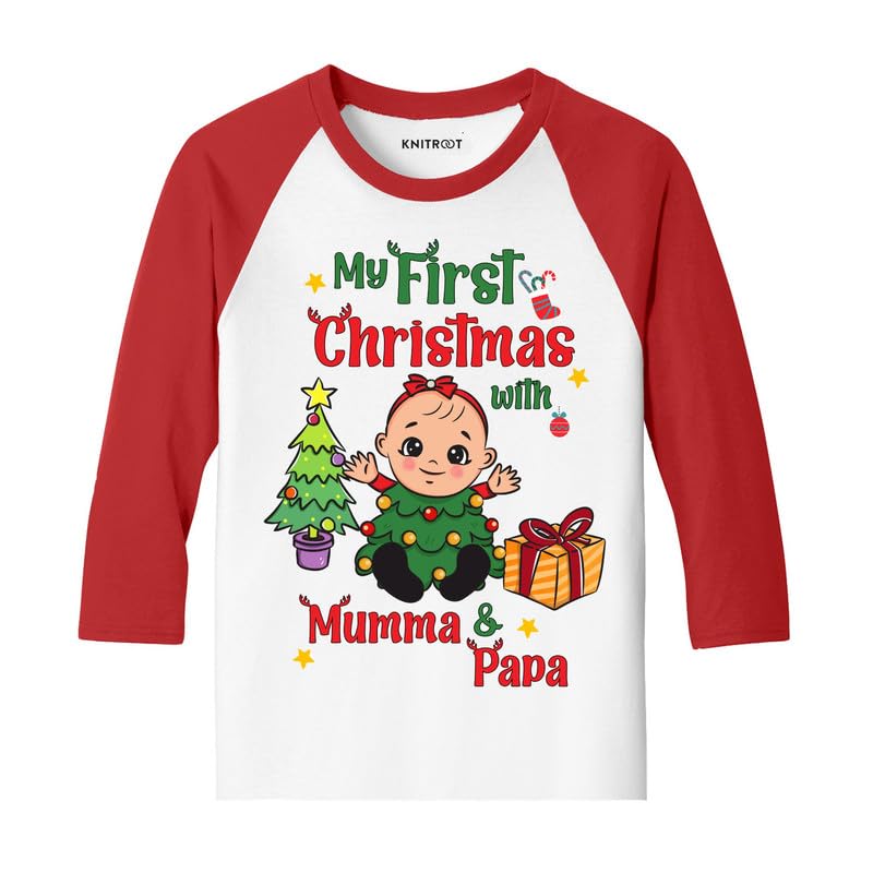 KNITROOT Christmas Raglan Tshirt for Baby Boy My First Christmas with Mumma & Papa