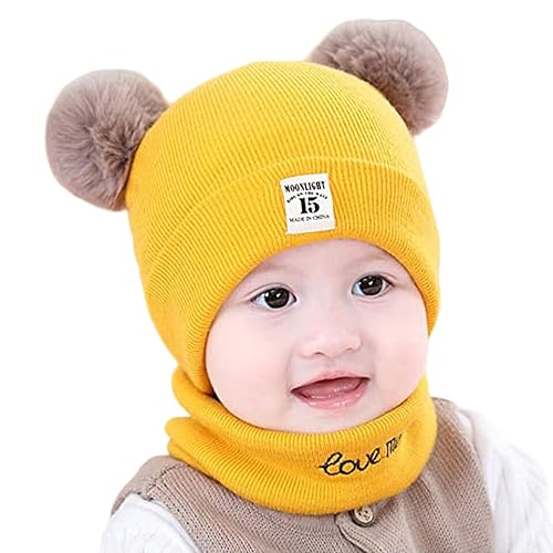 Kids Baby Winter Knit Hat Scarf Set Toddler Girls Boys Woolen Soft Wool Acrylic Lycra Pom Pom Beanie Cap Neck Warmer (Age 6 Month to 3 Yrs) (C Yellow)