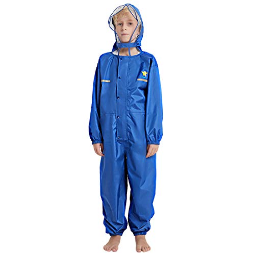 Kids Hooded Rainsuit Waterproof Coverall Toddler Rain Wear for Boys and Girs 2-12 Years Old Blue M