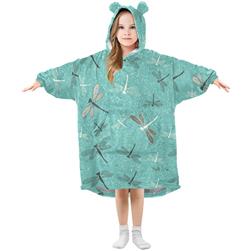 Kigai Wearable Blanket Hoodie for Kids,Dragonfly Summer Green Sweatshirt Flannel Blanket Hoodie for Boys Girls, Multi, Large